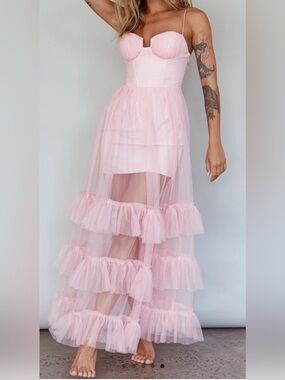 Selfie Leslie Ruffle Mesh Maxi Pink Dress
